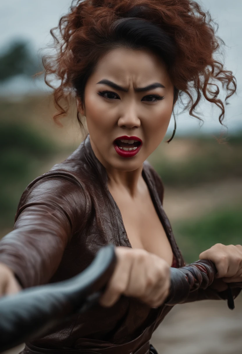 best quality, 8k, 32k, master part, UHD:1.2),Photo of angry asian women holding whip, screaming at the camera, seios grandes, messy hair, Textura muito detalhada do rosto e da pele, Olhos detalhados, angry facial expression, vestindo um terno de couro, Cleavage Standing in the Dungeon, Olhando para o Viewer, usando batom vermelho, Algemas