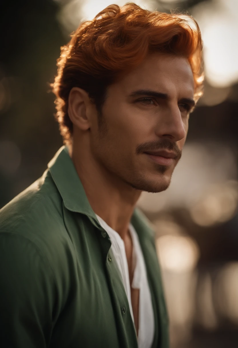 master part, best quality, 1Meninos, Pedro Pan, sozinho, clivagem em close-up, short hair, orange hair, Camisa de gola verde, mangas curtas, Tem Pena, Foco masculino, orelhas pontudas,parte superior do corpo