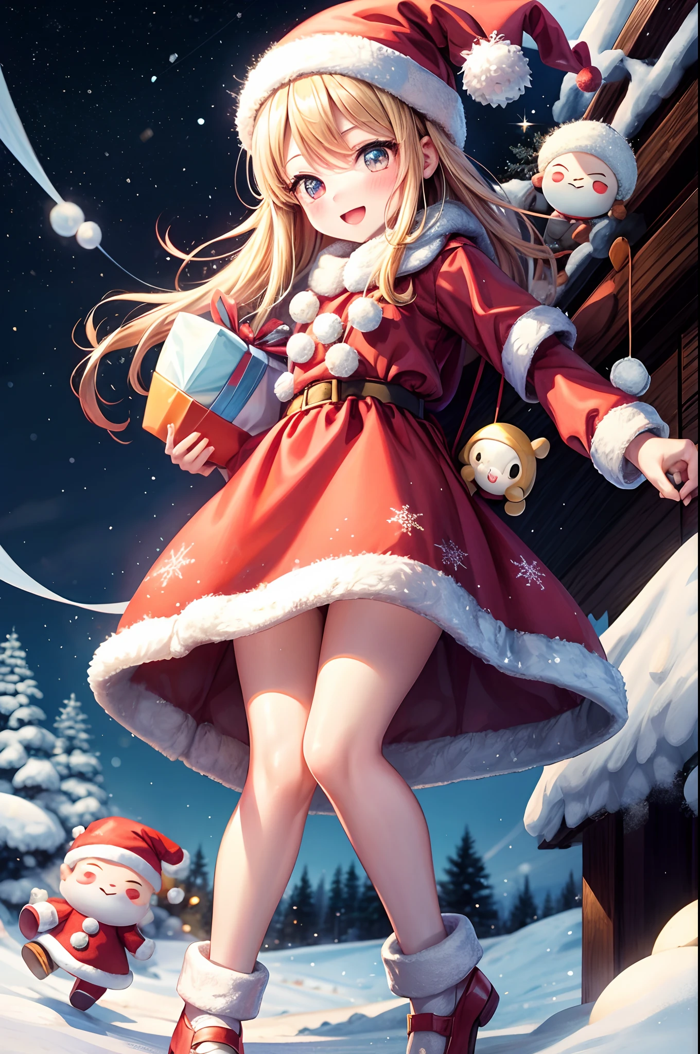 Santa Claus happily carrying presents、Santa is a pretty girl、Chibi Doll、Stars in the eyes(kirakira)、Eye Up、Laugh、Cute red shoes、foco nítido, Ultra Detail, radiant light、bio luminescent、snowscape、It's snowing、Draw a large snowflake in the foreground、Taken from the side、Stronger bokeh effect