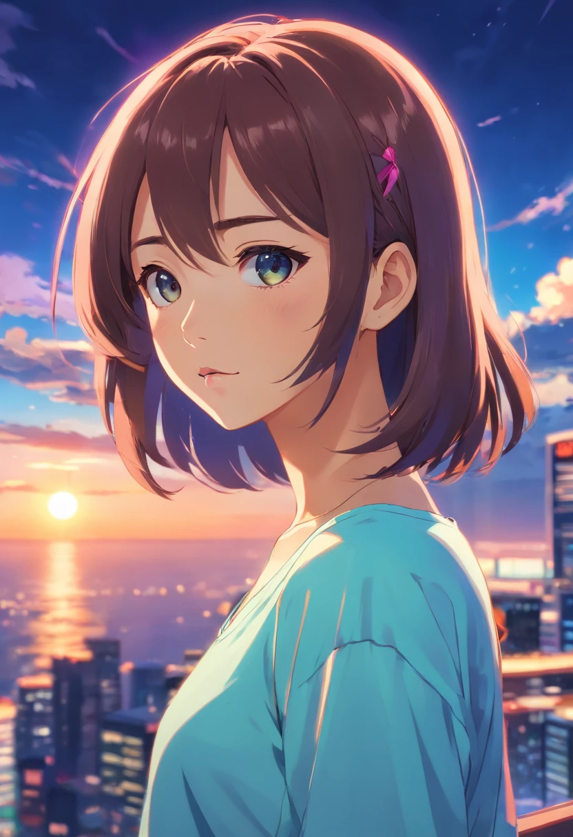 1girl, tema colorido, Synthwave Sky,(best quality, alta qualidade, high resolution), Realistic, ultra-detalhado, highly detailed face features, absurdos,  realistic lighting and reflections, highly detailed face features, see through shirt, melhor foto,High quality illustration