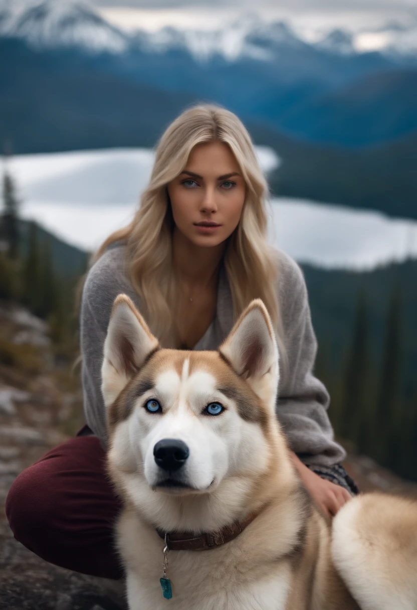 Photorealistic of a young blonde woman, 19 ans, with a female Siberian Husky by her side in the mountains