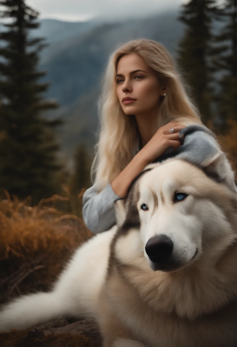 Photorealistic of a young blonde woman, 19 ans, with a female Siberian Husky by her side in the mountains