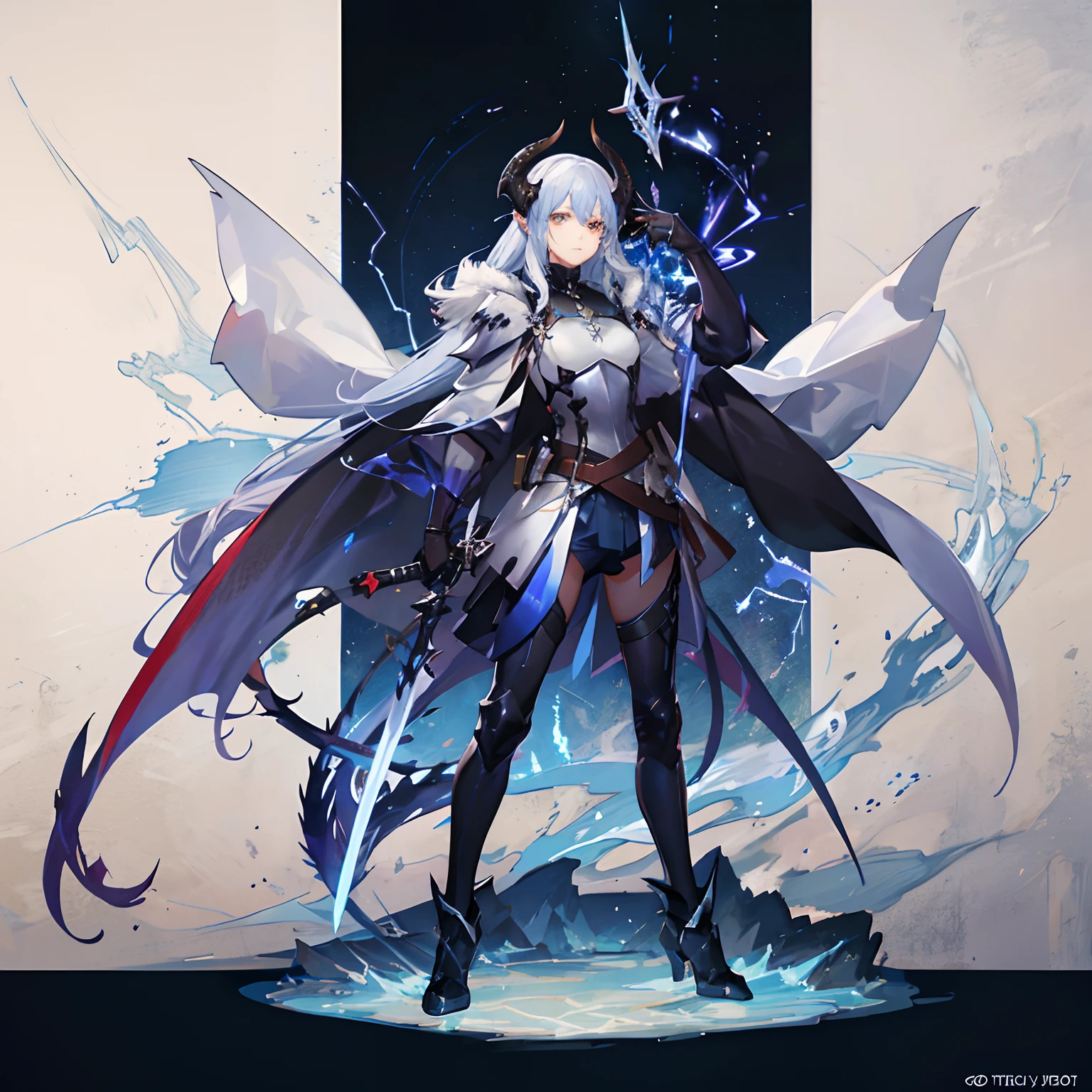 anime style poster That say"Dragon Thunder Child",The knight, known as the Blue Lightning, stands above his foes with his electric blue sword, his blue dragon horns and silver hair glittering in the sunlight.