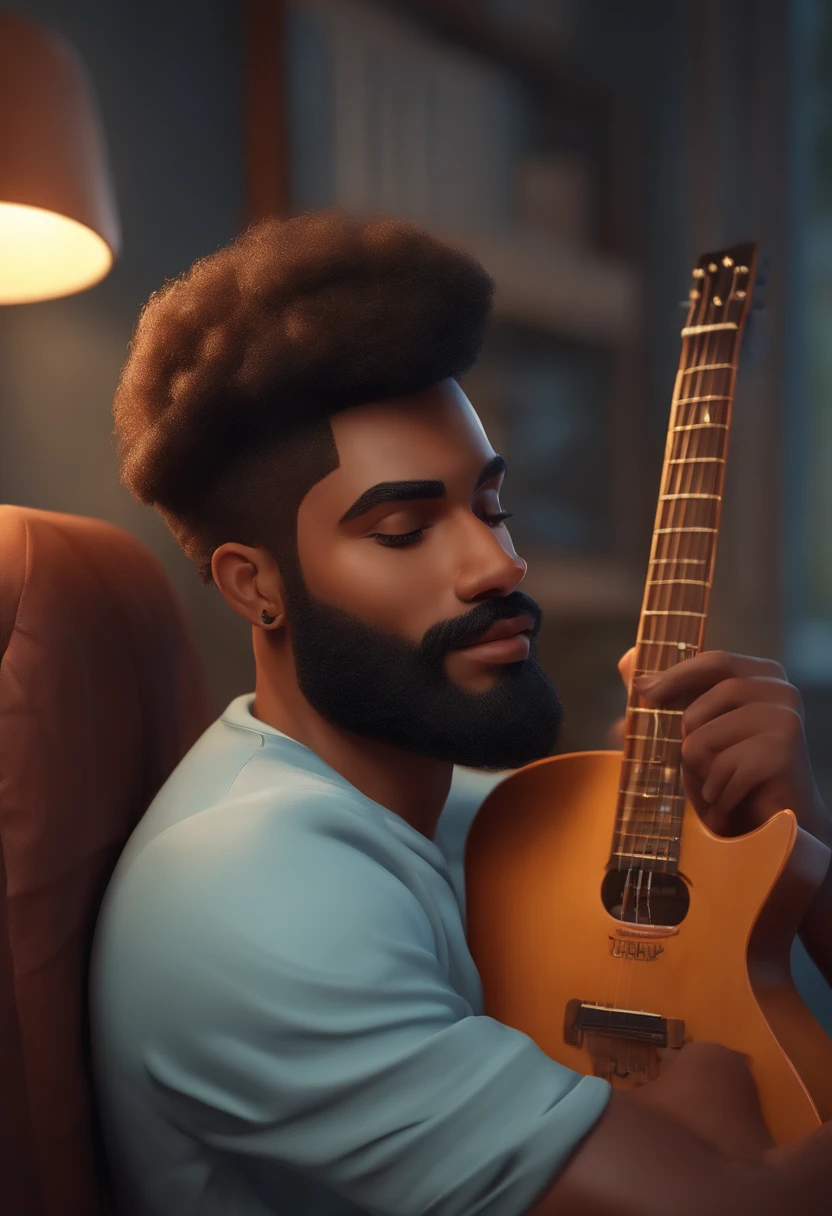 Brown Skinned Man Illustration, com uma barba pequena, Jayison Devadasdeitado na cama com uma guitarra ao fundo, em torno de 1 9 anos, Mohamed Chahin, 2 3 anos, 2 7 anos, 2 8 anos, caio santos, Alex, Riyahd Cassiem, desenhando no estilo de Arte 3D, estilo disney, 8k