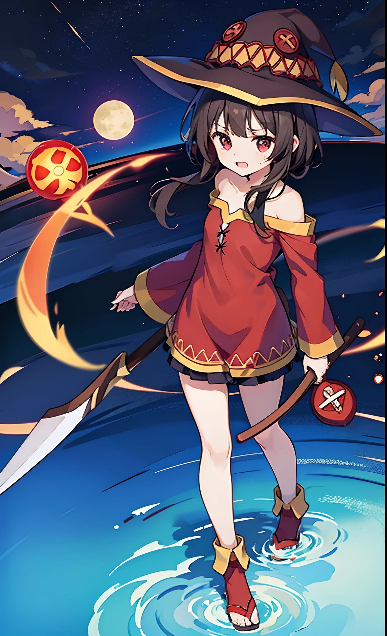 Megumin, olhos vermelhos, fundo noturno, Lua, roupas fofas vermelhas, chovendo muito