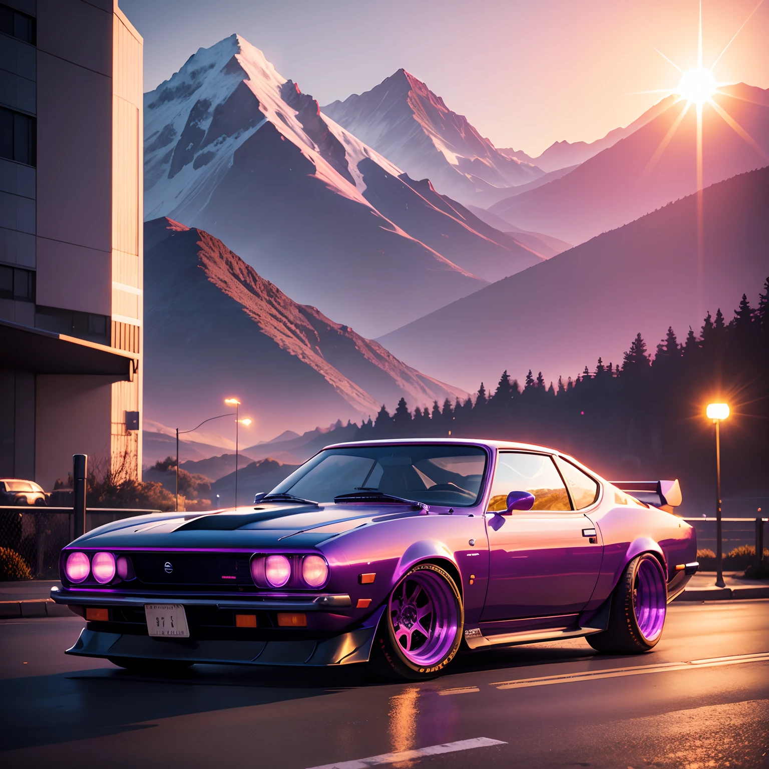 retrowave. City, 1969 Nissan S30, wide body kit, Road, PURPLE NEON MONITOR LIGHT, Sun, Mountain, (Masterpiece, Detailed, A high resolution),