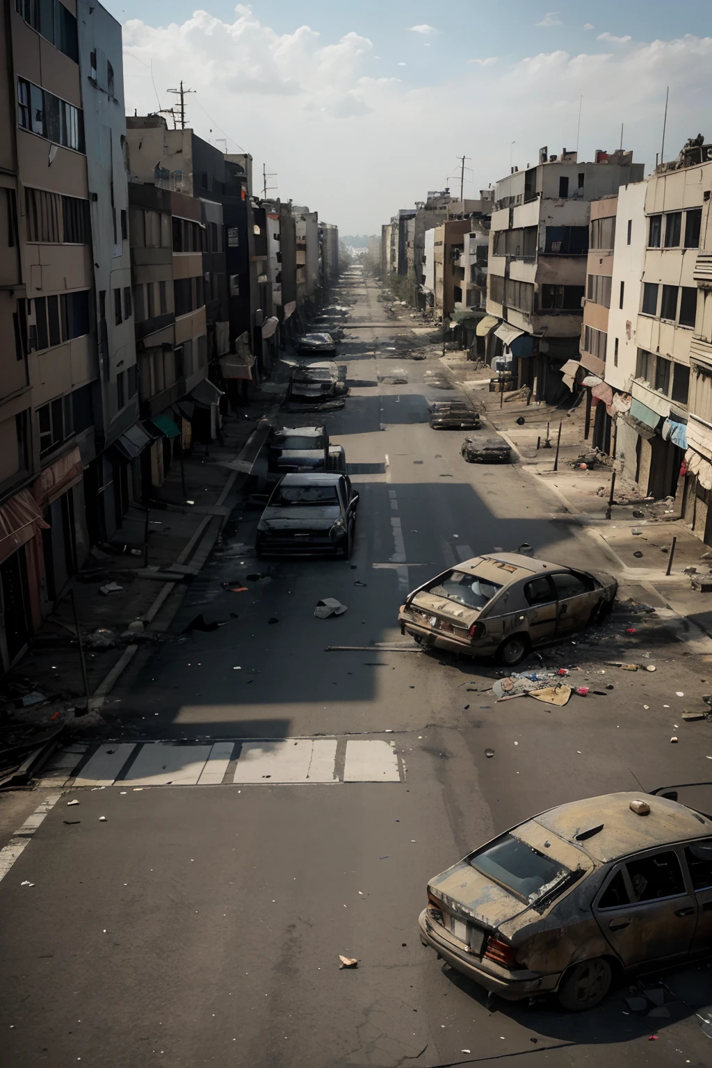 Imagine a scene of war where a city is devastated by a brutal battle. Cars are wrecked and the streets are littered with debris. Despair and hopelessness spreads across the city. As far as the eye can see, only destruction and devastation.