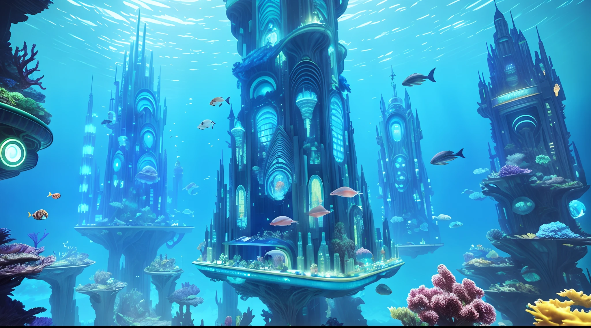 There is a large aquarium,There are a lot of fish in it, futuristic underwater metropolis, an underwater city, an underwater city, stuning fantasy 3 d render, Futuristic setting, in fantasy sci - fi city, futuristic utopian fantasy, surreal sci fi set design, futuristic palace, Undersea temple, jellyfish temple, surreal sci fi architecture, Underwater temple with fish