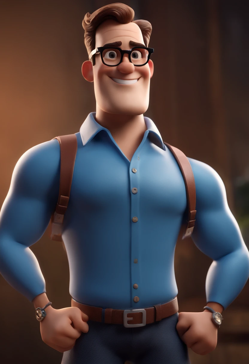 Cartoon character of a man with black glasses and a blue shirt, animation character, Caractere estilizado, animation style rendering, 3D estilizado, Arnold Maya render, 3 d render stylized, toon render keyshot, Personagem 3D, Personagem 3D, 3d rendering stylized, 3 d character render, personagem de desenho animado, Personagem de close up, Pose de personagem, (Estilo Pixar) (master part:1.2) (Bokeh) (best quality) (pele detalhada) (textura detalhada) (8k) (argila) (Cinematic lighting) (foco nítido