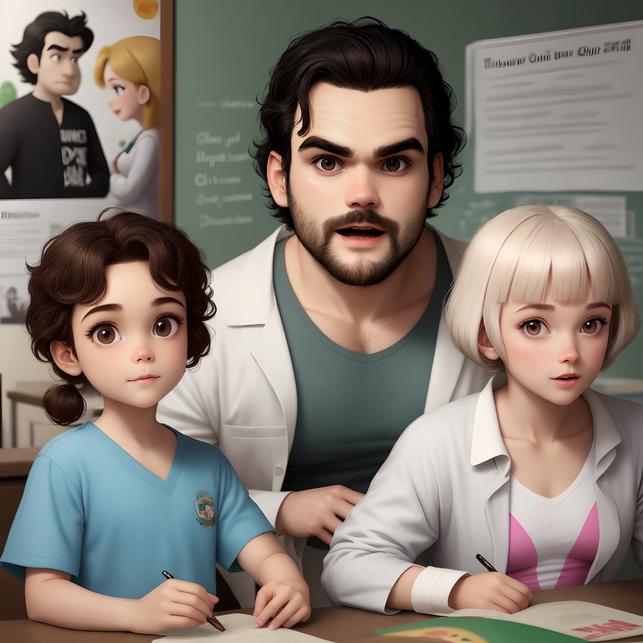 poster of a Disney animation/Pixar whose main character is a history teacher wearing a white lab coat and underneath a Basque T-shirt. The teacher is white, tem olhos castanhos e se parece um pouco com o ator Wagner Moura embora tenha 53 anos e use uma barba curta. sua barba, as well as their hair has some white strands
