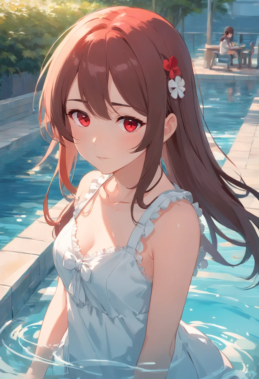 Brown hair，long whitr hair，red color eyes，White Lolita，Beth，Pool