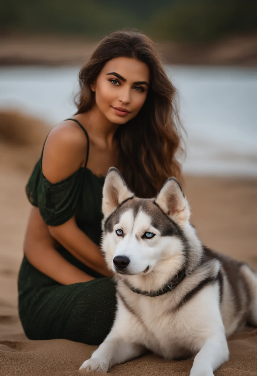 Photorealistic of a young brown woman, 21 ans,wear a colorful dress, sourcil parfait, Perfect lips, nez parfait, professional color graded, femme merveilleuse, Mignonne femme russe, mise au point nette, cheveux longs, plage, Natural net characteristics of the skin,Models,Full body image,looking into camera, Natural Skin Sharp Stroke with a female Siberian Husky by her side in the mountain