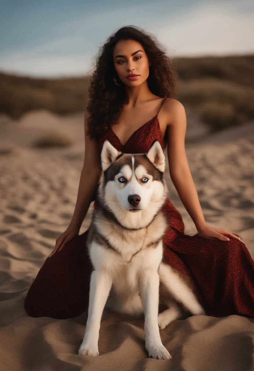 Photorealistic of a young brown woman, 21 ans,wear a colorful dress, sourcil parfait, Perfect lips, nez parfait, professional color graded, femme merveilleuse, Mignonne femme russe, mise au point nette, cheveux longs, plage, Natural net characteristics of the skin,Models,Full body image,looking into camera, Natural Skin Sharp Stroke with a female Siberian Husky by her side in the mountain