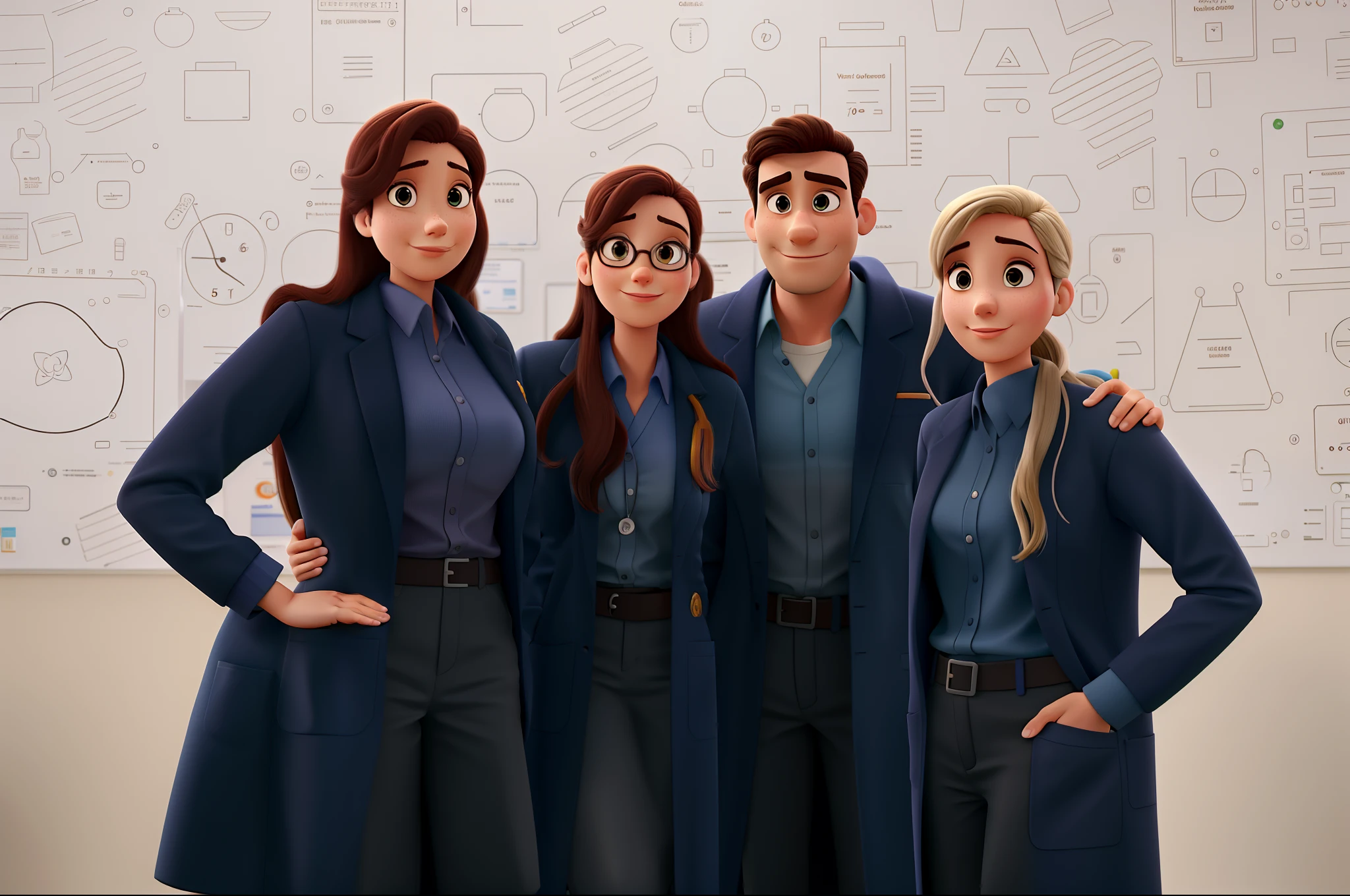 Three women and a man in lab coats, Veterinary, estilo pixar, alta qualidade, melhor qualidade