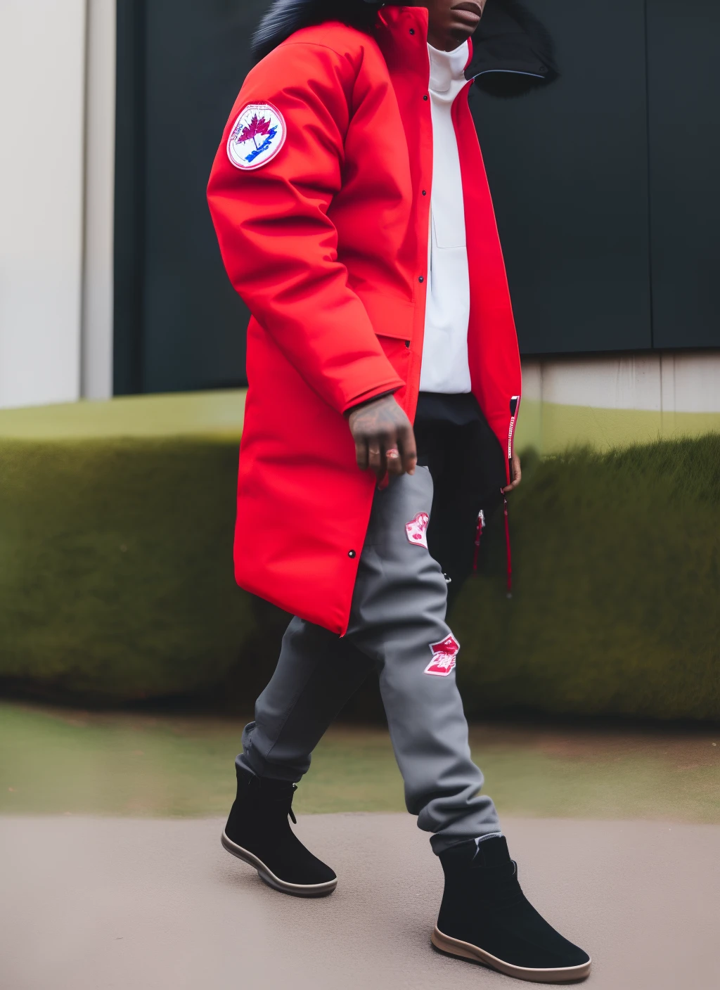 Yeat the rapper with a red shiesty and canada goose jacket