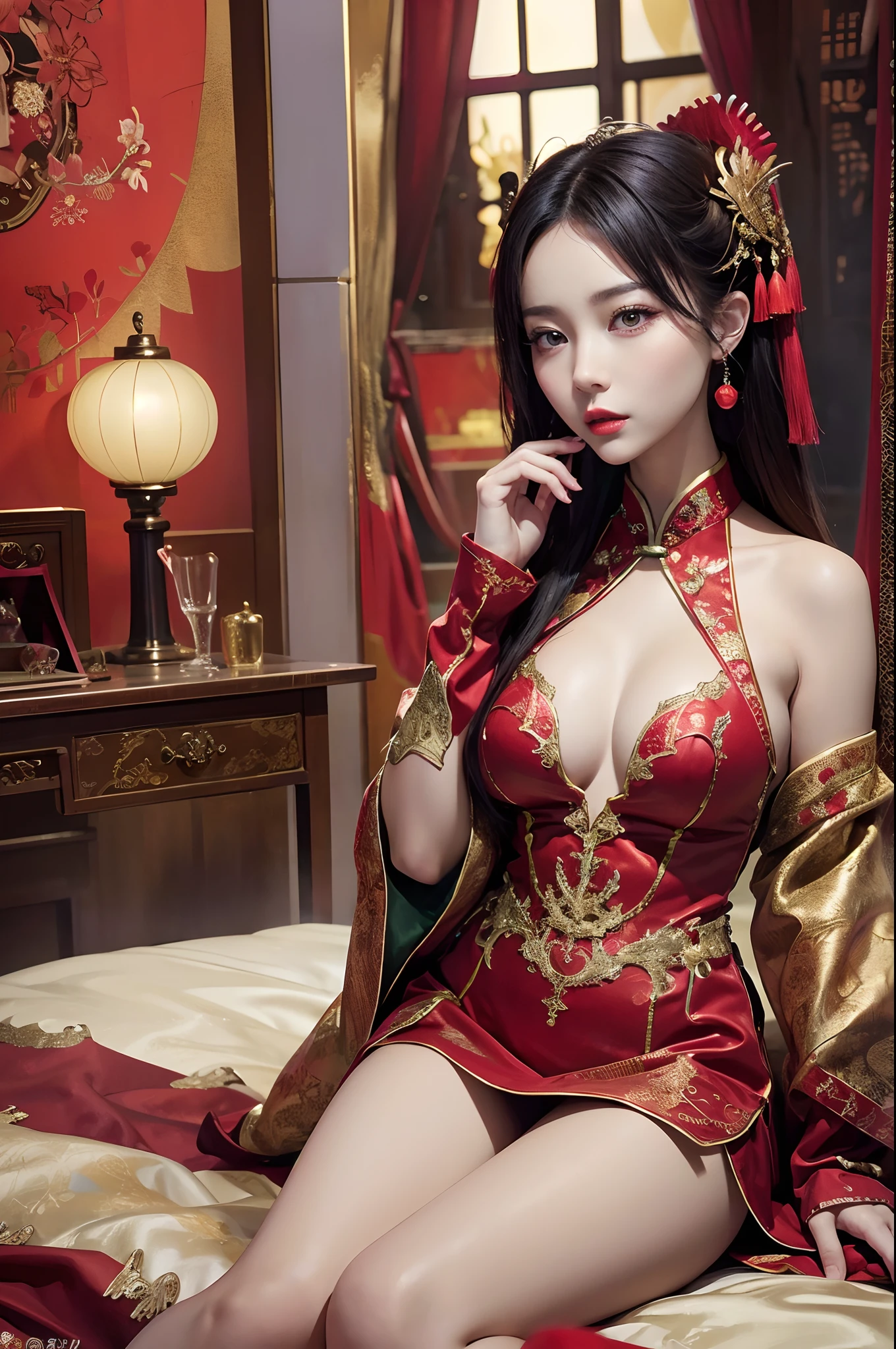 （Ultra-realistic 8K CG：1.2），Perfect artwork，delicate patterns，Complicated details，Heavy makeup，（Unbeatable masterpiece，Best quality at best：1.2），（extremly intricate：1.2），A beautiful cyberpunk woman，A woman in a red and gold dress，（Bare legs1:1.2），Phoenix crown，hair stick，（sitting on red bed），cosmetics，Be red in the face，is shy，black_Hair，looking-down，cosmetics，（forehead dot），（2 red candles），Chinese_clothes，窗帘，耳Nipple Ring，Hair_decorations，Hanfu，inside in room， jewely，rednails，Long_Sleeves，reddress，Redlip，nipple tassels，（Red quilt），（red palace：1.2），（Chinese Ancient Architecture），（rot：1.8），natta