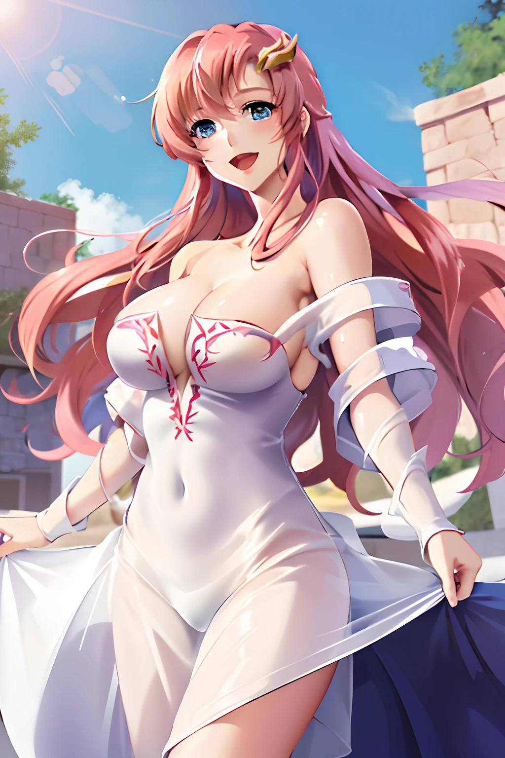 masterpiece, best quality, highres, anime, lacus4, 1girl, solo, long hair, dress, hair ornament, pink hair, cleavage, blue eyes, off-shoulder, white dress, large breasts, smile, cowboy shot, open mouth,