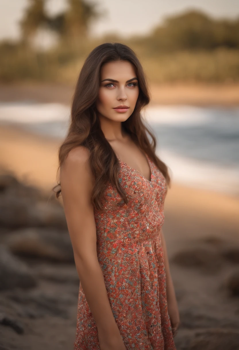 Photorealistic of a young brunette woman, 21 years old, wearing a colorful dress, perfect eyebrow, Perfect lips, perfect nose, professional color graded, wonderful woman, Cute Russian woman, sharp focus, long hair, beach, Natural net characteristics of the skin,Models,Full body image,looking into camera, Natural skin Sharp line with a female Siberian Husky at her side in the mountain