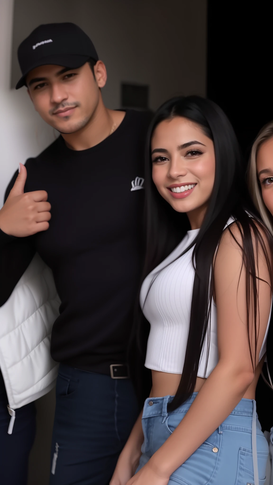 There are three people posing for a photo together in a room, 1614572159, tomada em 2 0 2 0, suave em _ O pano de fundo, tirada em discoteca, solid background, roupa apertada, Marischa Becker, Sidney Lugo, modelagem para dulce e gabanna, Violeta Myers, Malika Favre, Lorena Avarez