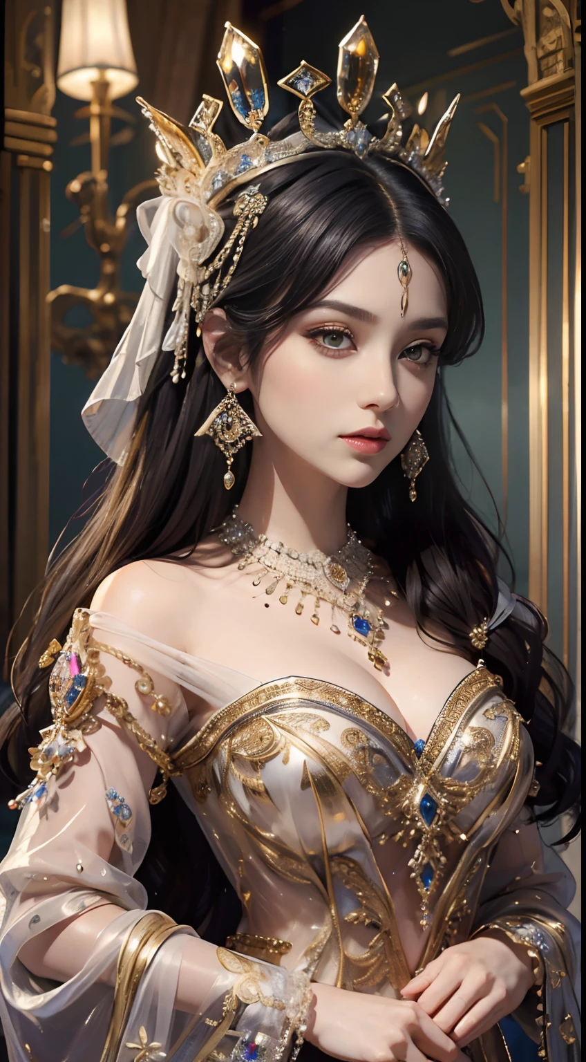 tmasterpiece，Highest image quality，Beautiful bust of a royal lady，Delicate black hairstyle，Amber eyes are clear，Embellished with a dazzling array of intricate jewelry，super detailing，upscaled。