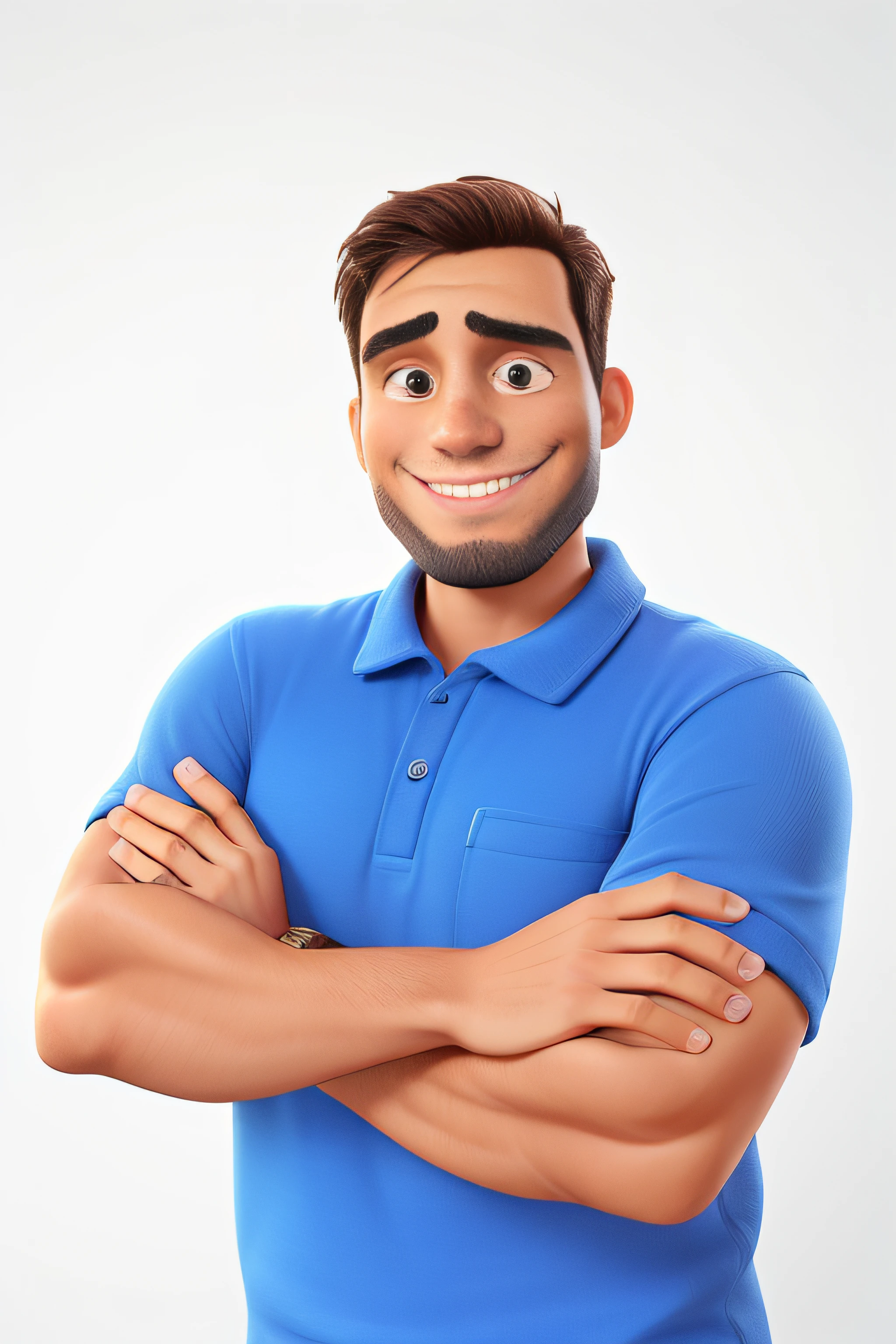 Homem sorrindo, with arms crossed, barba bem feita e curta
