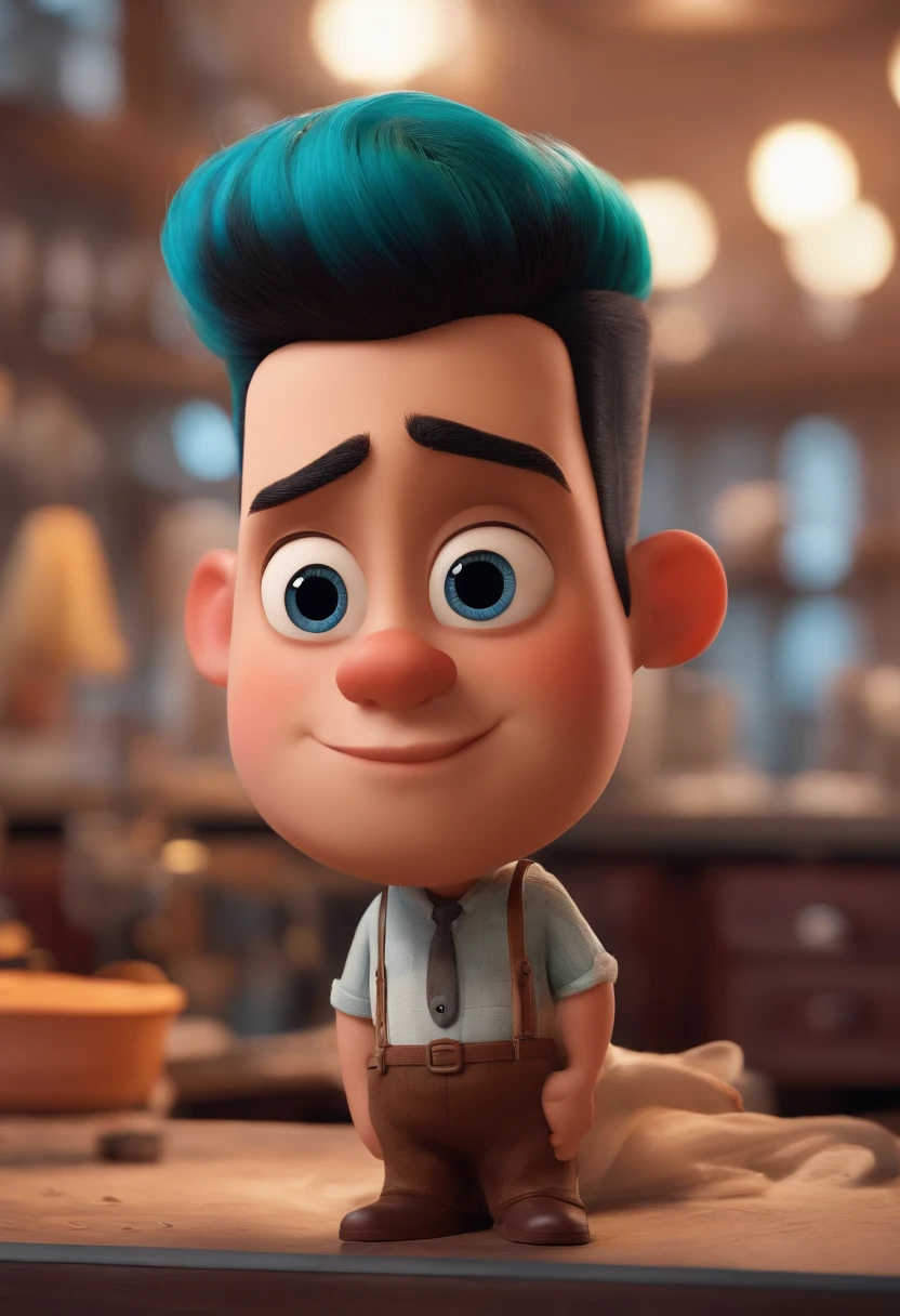 A Dream Barber Inspired by Pixar Animation, de perto. The character takes center stage with captivating facial expressions, oferecendo um toque de irrealidade, Short chubby gradient hair
