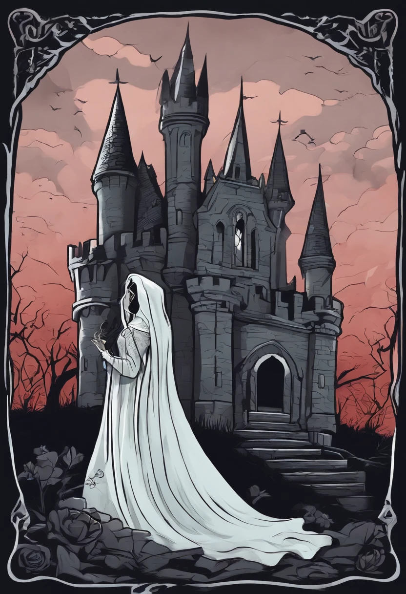 /imagine prompt: female ghost illustration for a sticker with a black background, castle, graveyard, in bold outline style, jagged edges, trashcore, light shading --v 5.2