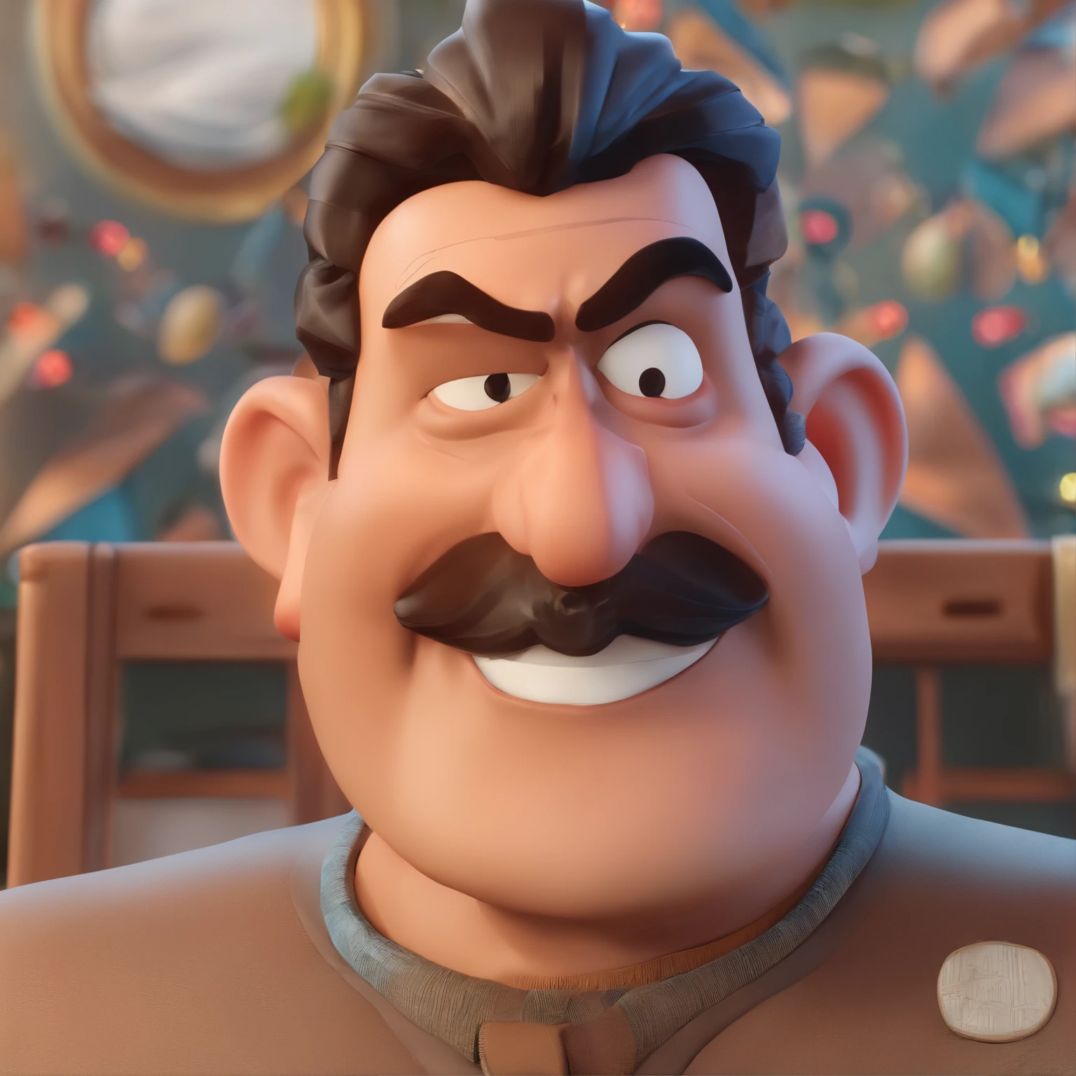 Crie um cartaz inspirado na Disney Pixar com o personagem negro confeiteiro, Um homem de cabelos pretos com barba media, com bolos fouet