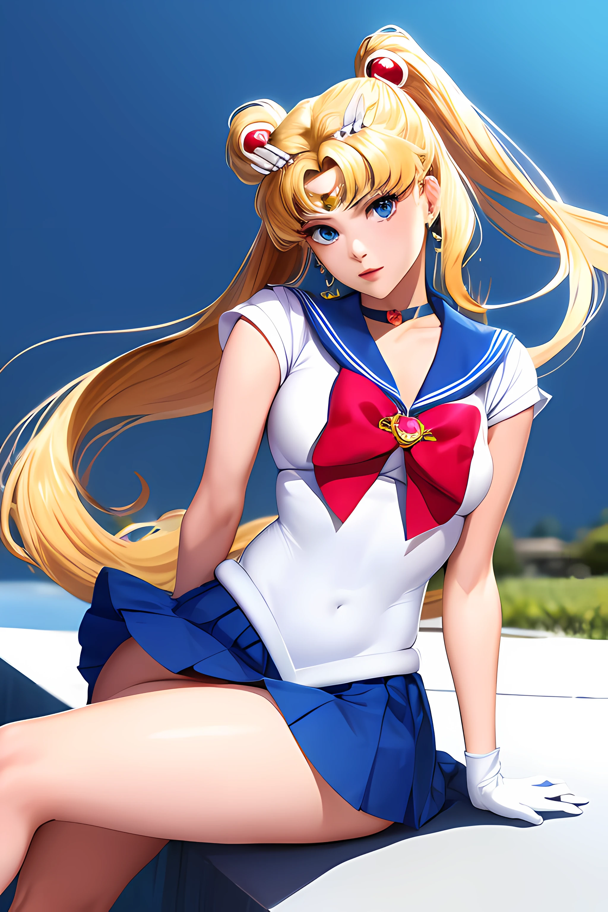 masterpiece, best quality, high resolution, 1 girl, solo, sailor senshi uniform, SMMoon, 1990s \(style\), blonde hair, magical girl, blue eyes, blue skirt, elbow-length gloves, tiara, pleated skirt , blue sailor necklace, miniskirt, choker, blue choker, white gloves, very long hair, jewelry, earrings, sitting, legs crossed, very sexy. CROSING LEGS, SHOW BOOTY