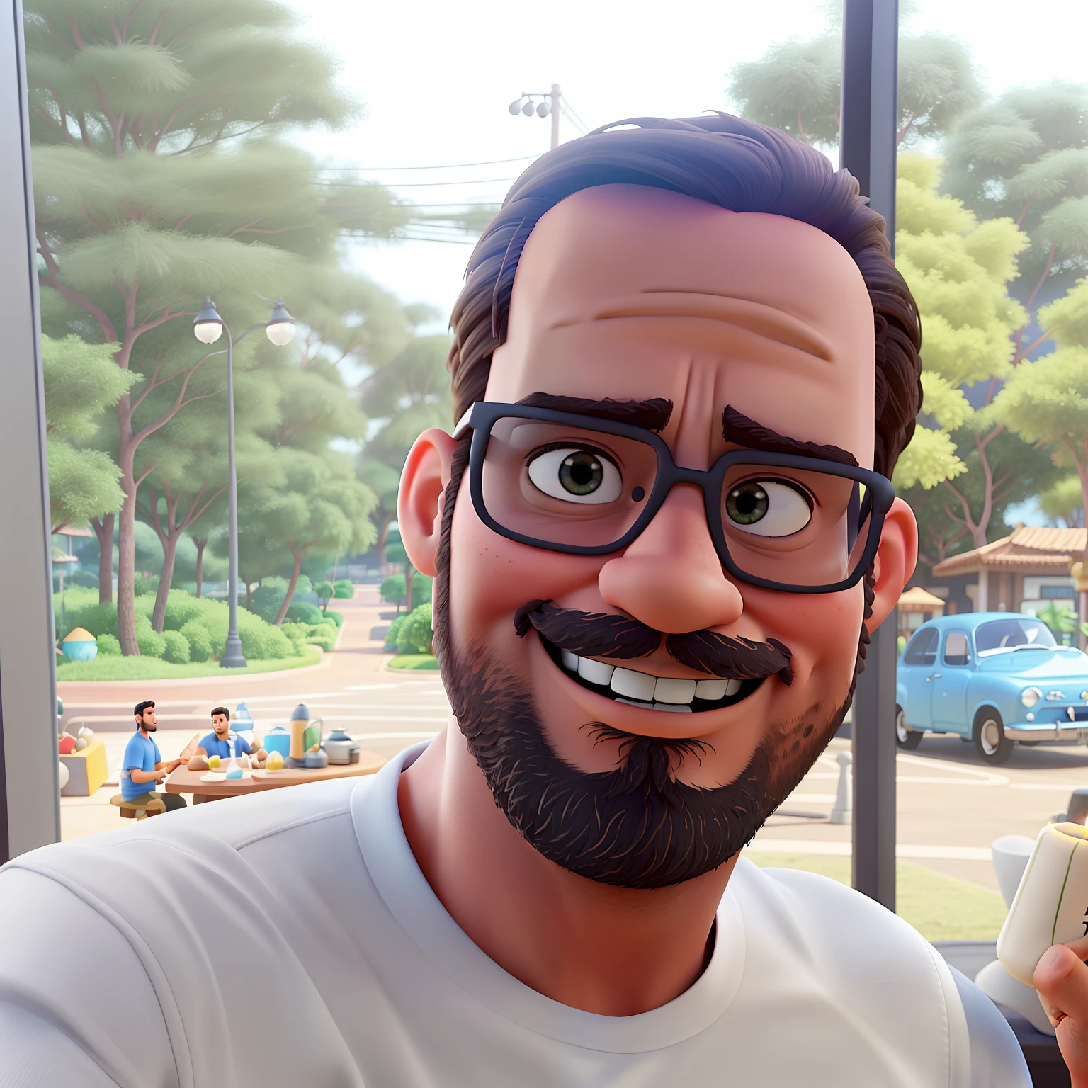 Poster no estilo Disney pixar, alta qualidade, melhor qualidade, homem sexy branco, 30 anos cabelo grisalho barba preta, musculoso, com fundo em um restaurante a luz de velas
