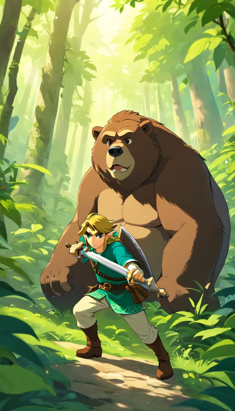 A middle-aged man with vicissitudes, Spear in hand, Hunt a brown bear in the jungle
