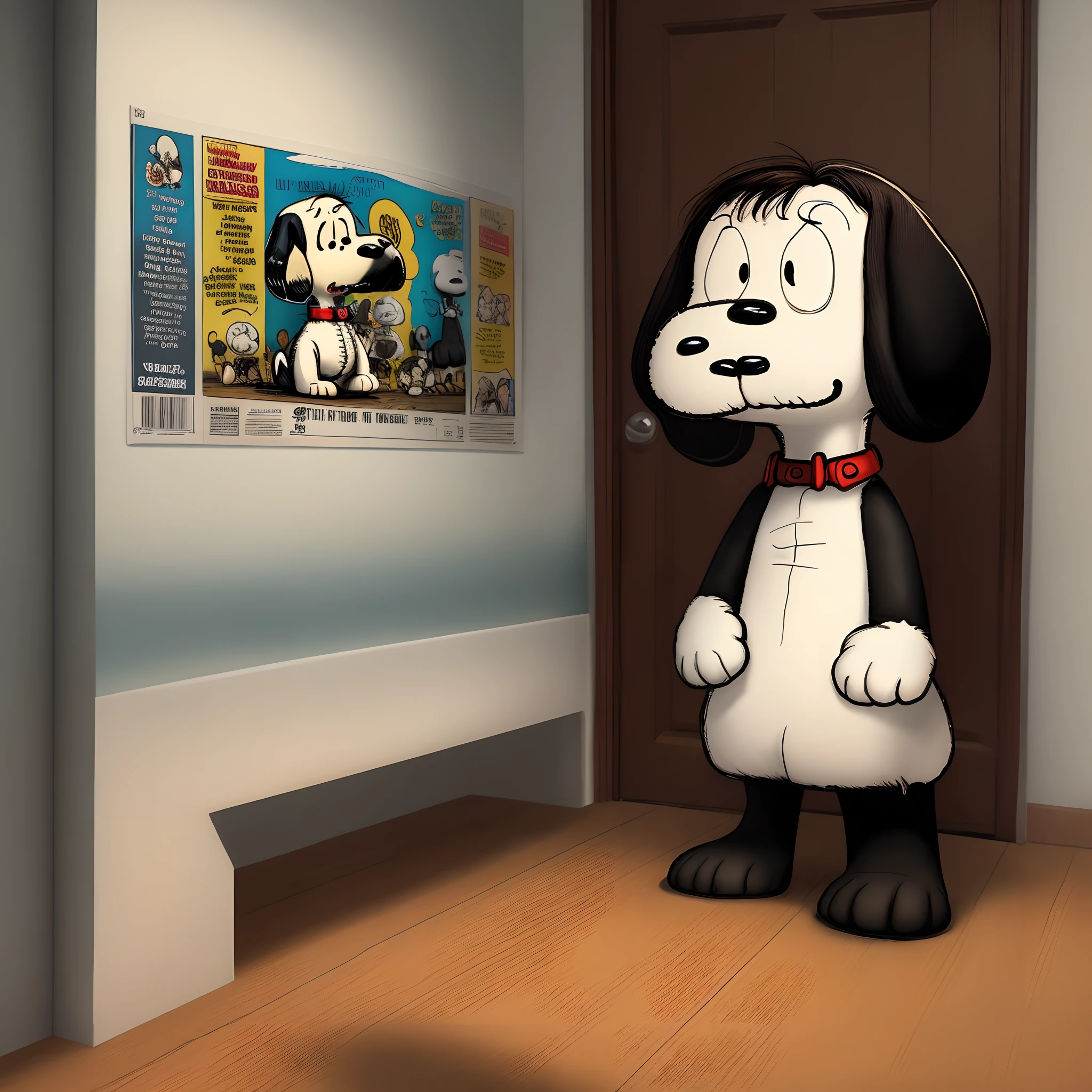 Snoopy from the peanuts comic strip recreating the iconic “here’s Johnny” scene from the shining