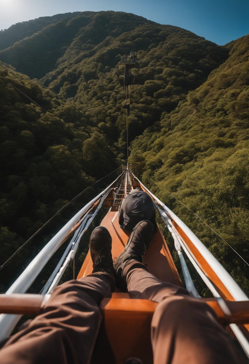 There's a man who's sitting on a cable car giving a thumbs up, com montanhas ao fundo, com montanhas como pano de fundo, com montanhas no fundo, vacation photo, Moutain no fundo, Montanhas ao fundo, montanha ao fundo, imagem de qualidade muito baixa, caio santos, Fotografia selfie 8k, Fotografia tirada em 2 0 2 0