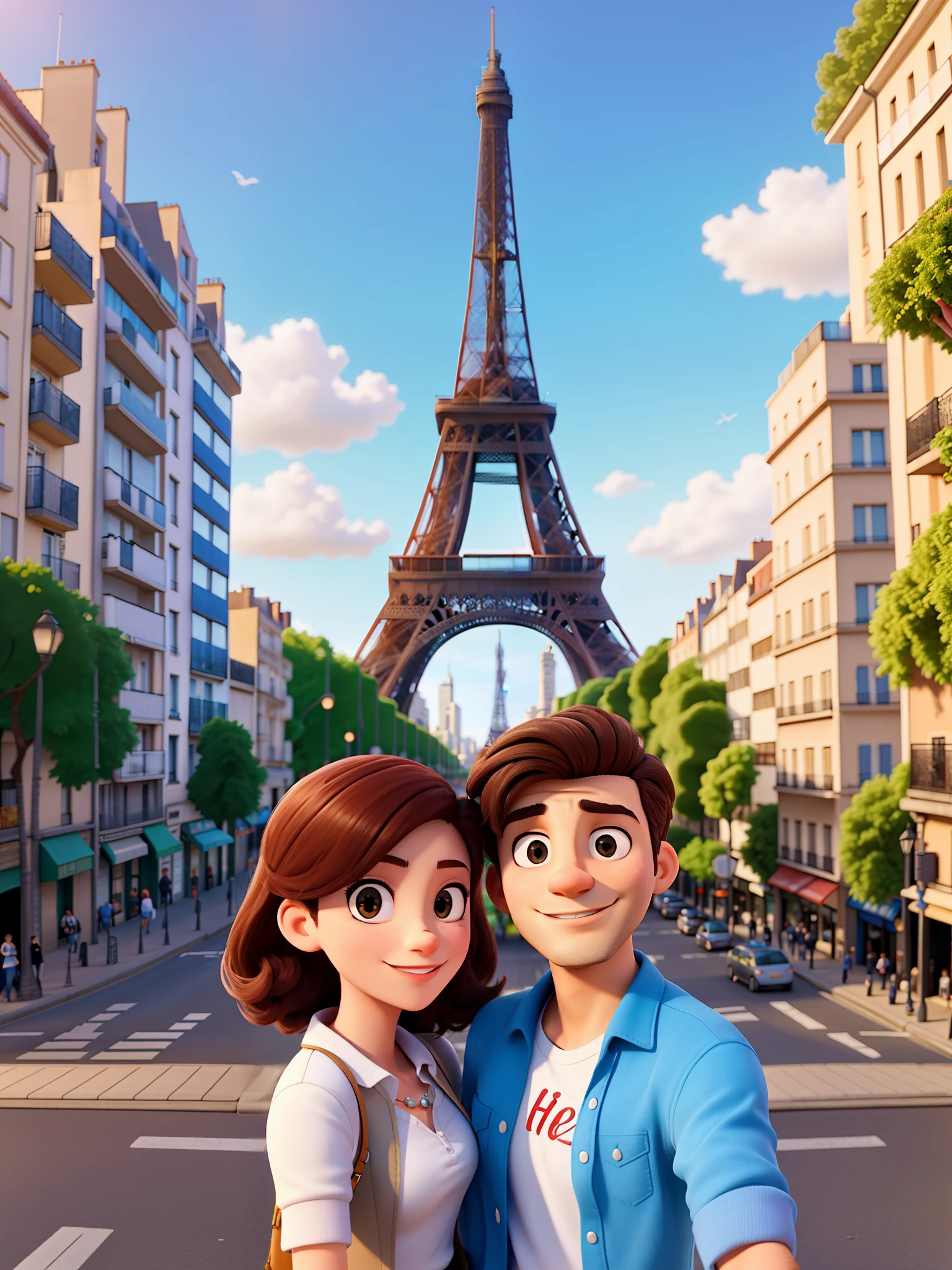 casal, homem e mulher fazendo selfie na rue de buenos aires em paris tendo como pano de fundo a torre eiffel