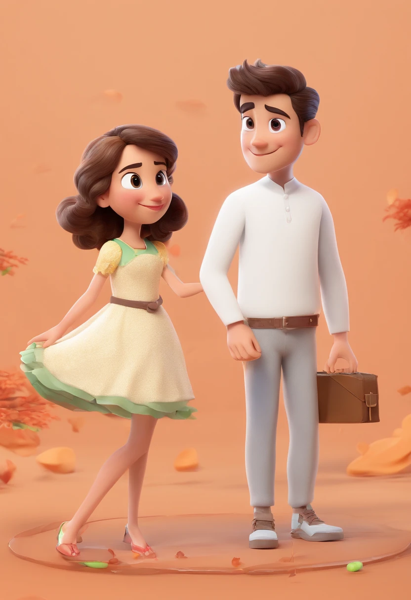 An illustration of an adorable couple, destacando um homem e uma mulher, Expressive eyes - the man's skin is white, cabelo liso e preto, The woman's skin is white, Woman's hair is straight and brown. They are a bright room, cada um com um sorriso no rosto, e compartilhar um momento especial caracterizado pelo amor, arroz, e insights educacionais. Illustrate this scene from a perspective where they are facing away from the camera, Showing Your Connection. Desenvolva esta arte em Full HD, Focus on your cinematic touch, Estilo Disney Pixar Animations