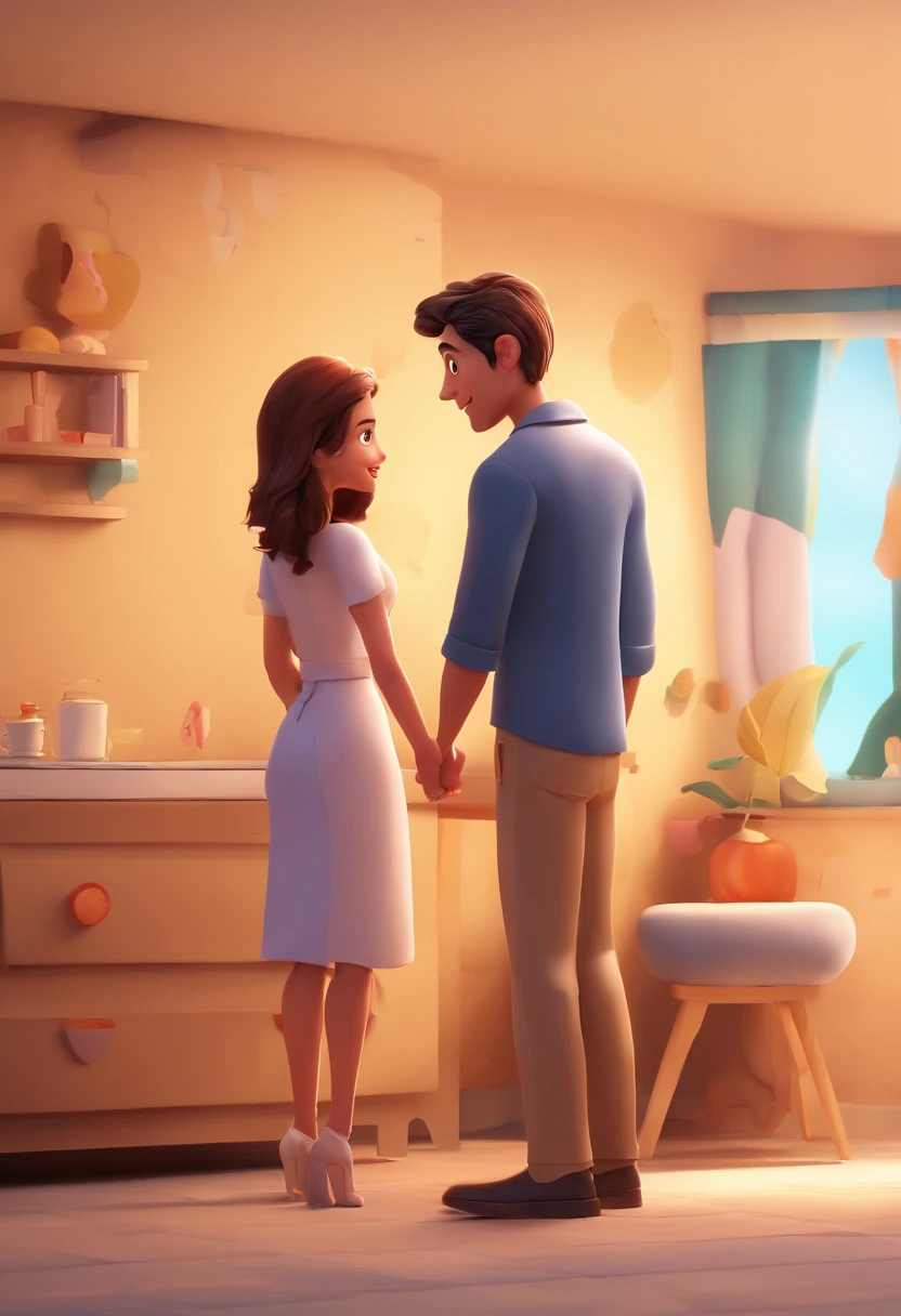 An illustration of an adorable couple, destacando um homem e uma mulher, Expressive eyes - the man's skin is white, cabelo liso e preto, The woman's skin is white, Woman's hair is straight and brown. They are a bright room, cada um com um sorriso no rosto, e compartilhar um momento especial caracterizado pelo amor, arroz, e insights educacionais. Illustrate this scene from a perspective where they are facing away from the camera, Showing Your Connection. Desenvolva esta arte em Full HD, Focus on your cinematic touch, Estilo Disney Pixar Animations