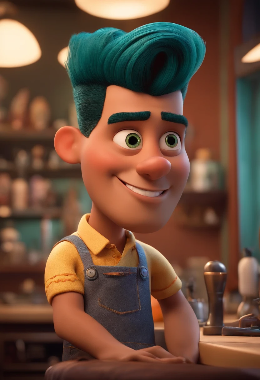 A Dream Barber Inspired by Pixar Animation, de perto. The character takes center stage with captivating facial expressions, oferecendo um toque de irrealidade, Cabelo curto e gordinho gradiente
