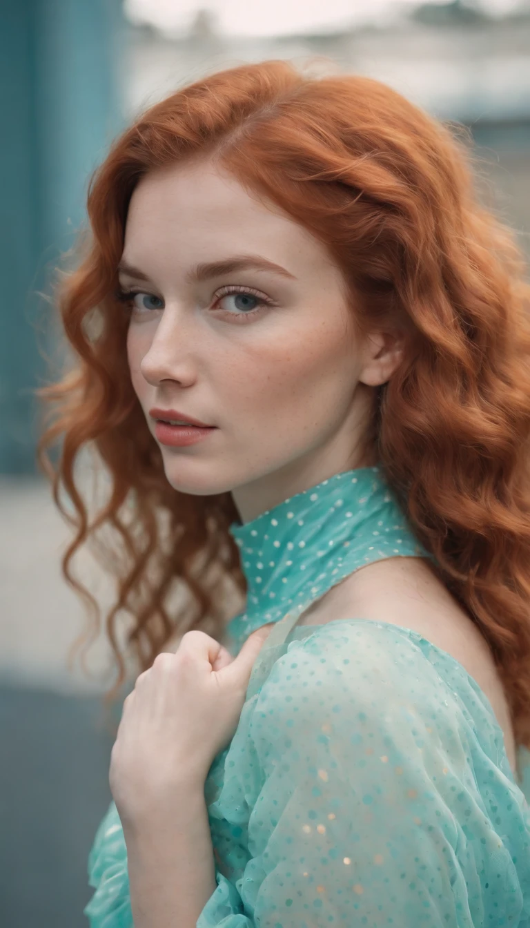 the portrait of a young woman with curly red hair and polka dot skirt, in the style of light orange and turquoise, vibrant color gradients, playful expressions, normcore, vibrant and textured, 1970–present, shiny