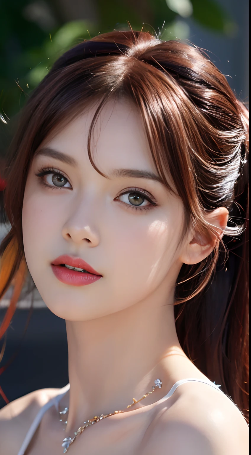 ((独奏)),offcial art,Face focus,((a small face:1.5)),view the viewer,((Costumes in Greek mythology)),18yr old,A beautyful girl, Swarovski red silk dress, Rainbow color long ponytail,Curly hair on the head,Reticulated hair color, ((By bangs:1.8)),Swarovski Crown, ear jewelry, Gorgeous and rich necklace, dark purple eyes, detailed makeup, Redlip,((A smile:0.8)), Keep one's mouth shut, eyeline,eye shadows,blusher, (nedium breasts:1.37), Large bust, Slim waist, Greek art textures, Colorful and realistic colors, RAW photos, Realistic photos, hyper qualit,8k wallpaper,extreme light and shadows, (Light of fantasy:1.37), (zentangle:1.37), Perfect anatomy,hyper detail eyes,A detailed face,Detailed limbs , ((Rose background)),Upper body photo、Angle photo:1.2,Red theme