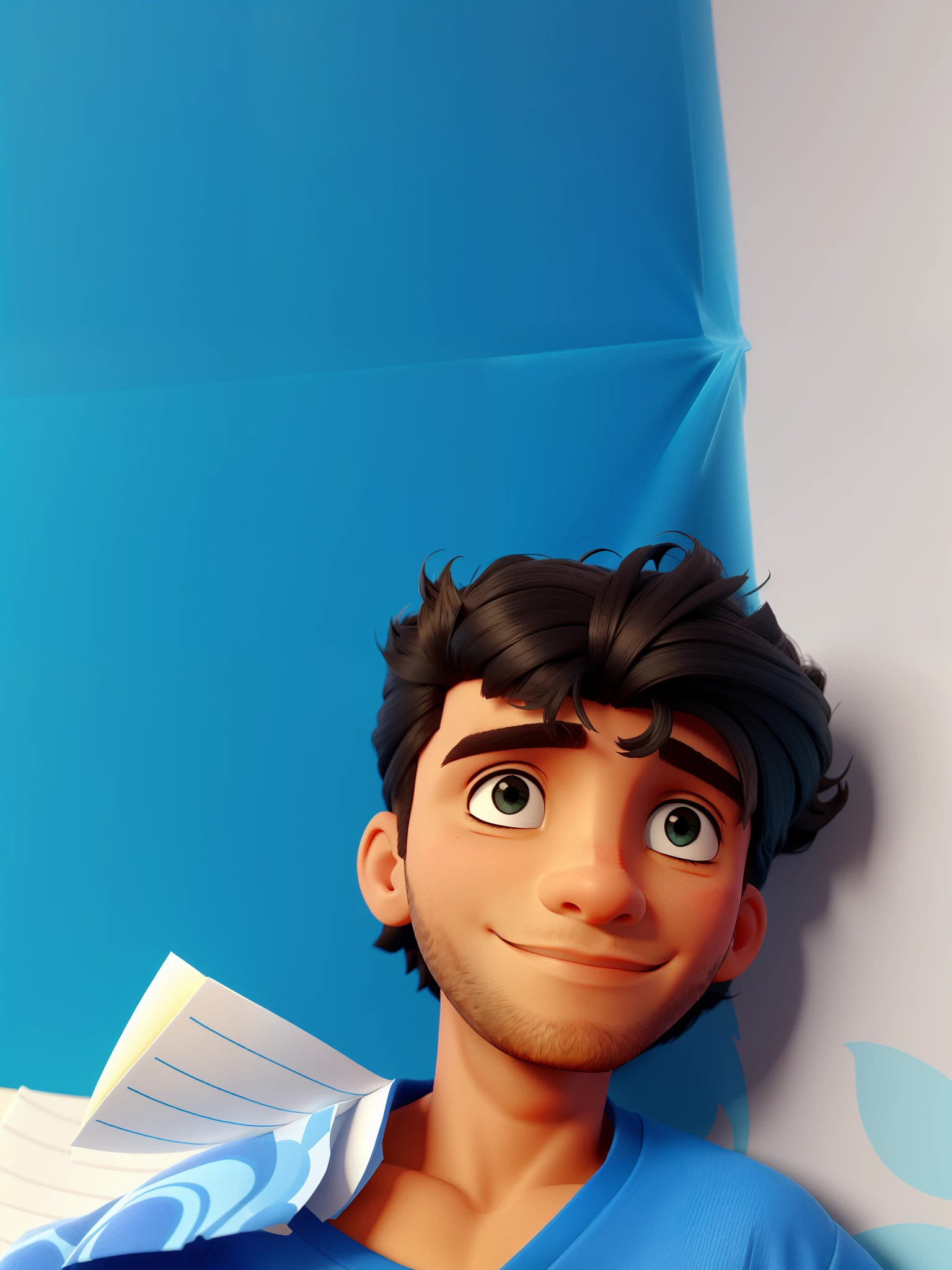 Um maninho de olhos azuis pele branca cabelo castanho claro ondulado com um papel de parede azul claro no fundo