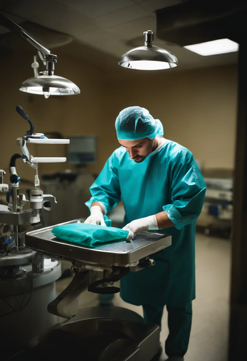 Male doctor in blue gown and surgical instruments in hospital, surgery room, surgery, surgery room, cardiac surgery, Hospital, medical photography, Surgical Instruments, medical image, operate, Surgical Supplies, surgical gear, Medical, On the operating table, Surgical effect, medical equipment, surgeon, Brain Surgery, At the center of the image, Operating table, Dramatic shots, Scene from above, Shadowless light, bloods, overlooks