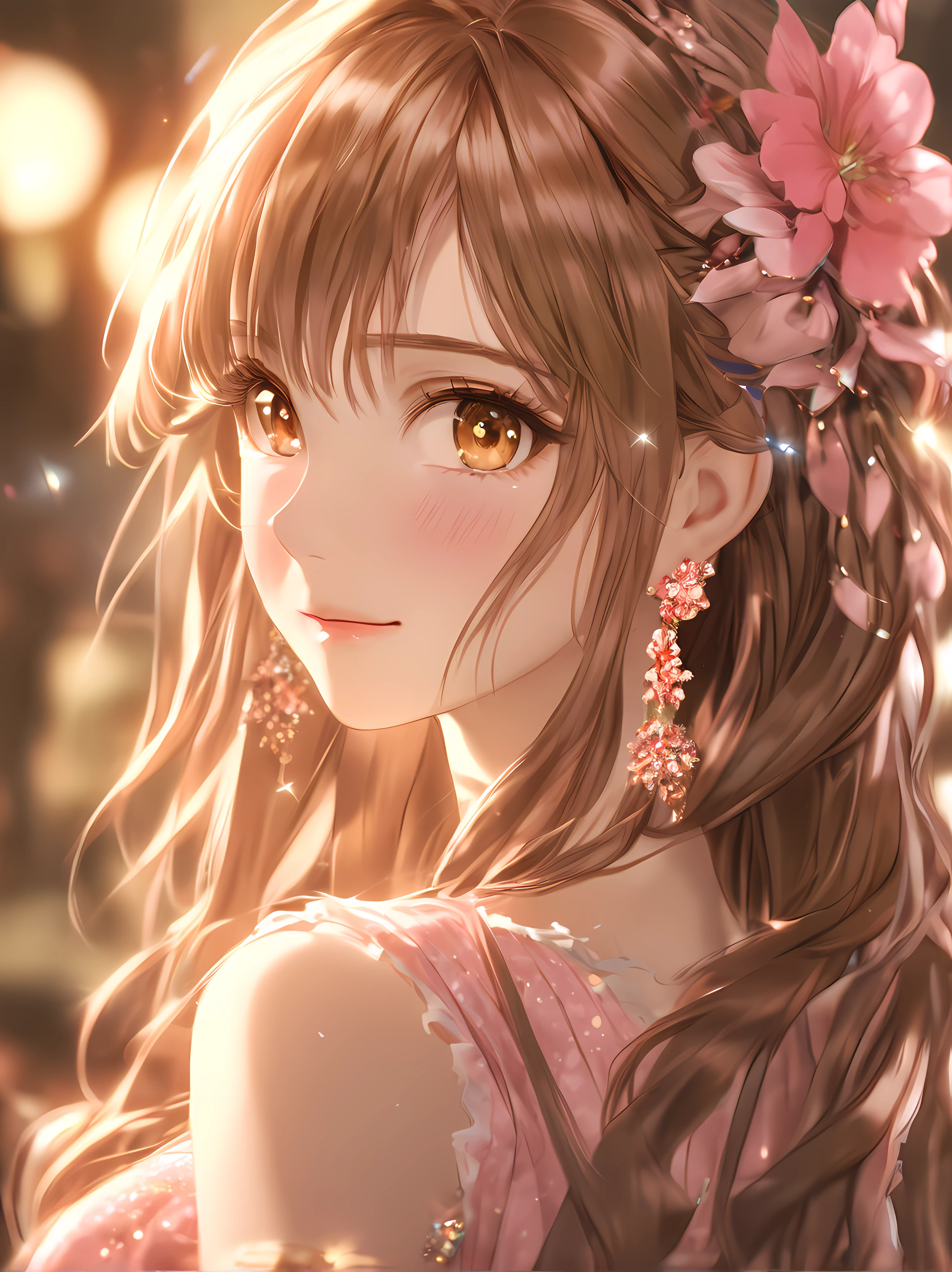 (Best Quality:1.5, Highres, UHD, 8K, Detailed Lighting, Shaders), Brown long Straight Hair, Flower on-ear, Red dress, (POV), Hands on cheek, Room Background, Colorful Eyeshadow, Dramatic Lighting, Sparkling Pink Eyes, Confident Expression, Golden Earrings, Brown straight Hair, Delicate Facial Features, Soft Skin, High Cheekbones, Stylish Clothing, Room Setting, medium face portrait, Sharp Focus, Best lighting effects