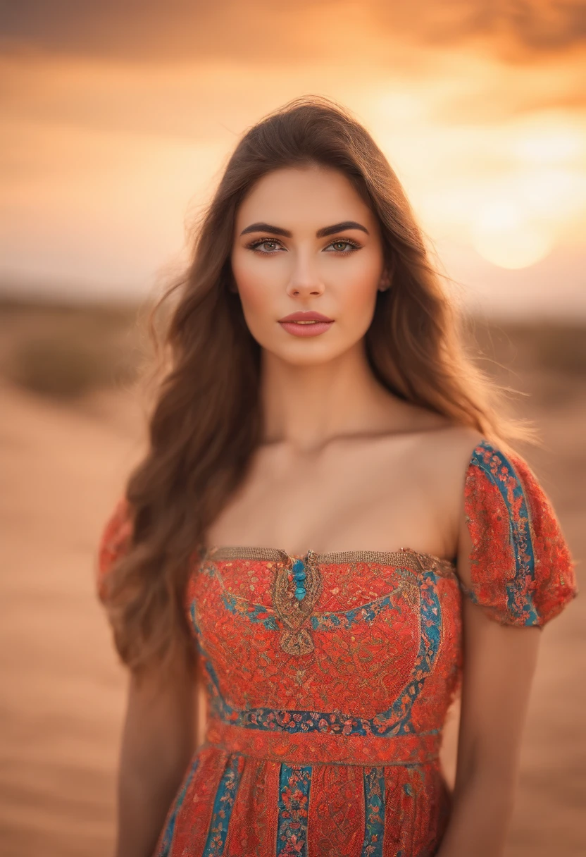 Photorealistic of a young brunette woman, 21 years old, wearing a colorful dress, perfect eyebrow, Perfect lips, perfect nose, professional color graded, wonderful woman, Cute woman, sharp focus, long hair, beach, Natural net characteristics of the skin,Models,Full body image,looking into camera, Natural skin Sharp line with a female Siberian Husky at her side in the Sahara desert.