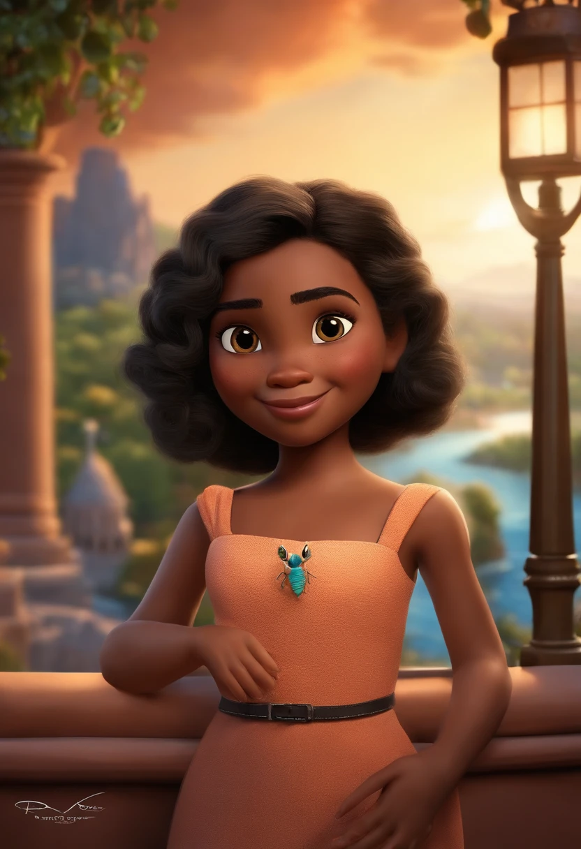 Um filme inspirado na Disney Pixar (MENINA NEGRA JOVEM COM CABELO LISO EM CIMA DO OMBRO PRETO, OLHOS PUXADOS E PEQUENOS CASTANHOS) dentro A cena estar na arte distinta do estilo PIXAR, descolada e estilosa