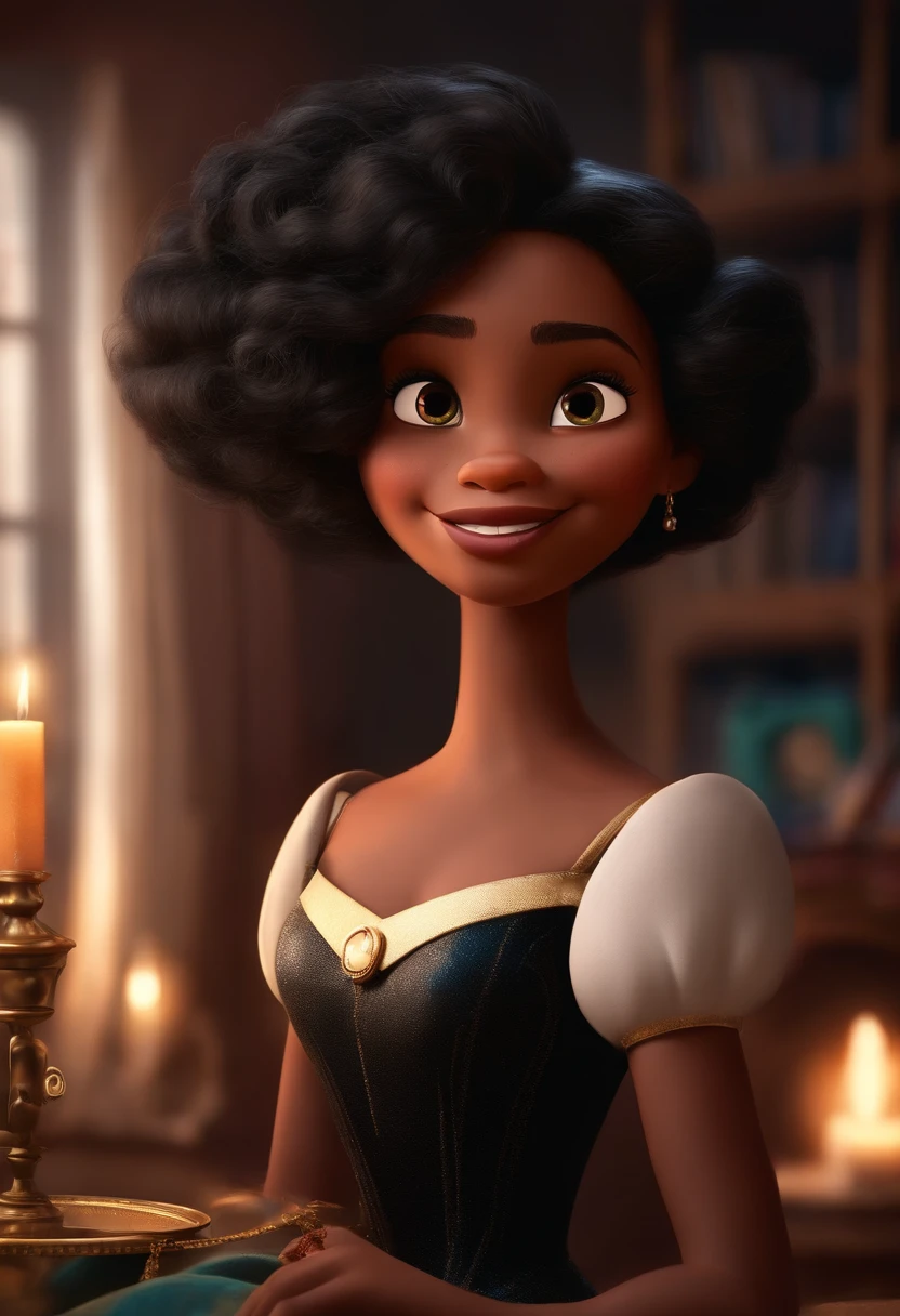 Um filme inspirado na Disney Pixar (MENINA NEGRA JOVEM COM CABELO LISO EM CIMA DO OMBRO PRETO, OLHOS PUXADOS E PEQUENOS CASTANHOS) dentro A cena estar na arte distinta do estilo PIXAR, descolada e estilosa