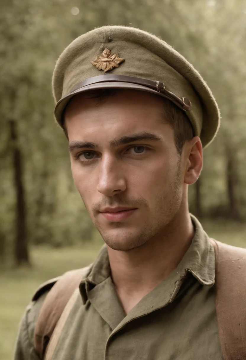 A French soldier from 1940, tez justa, cerca de 25 anos, cabelos loiros naturais, Olhos verdes, em uma vila arruinada