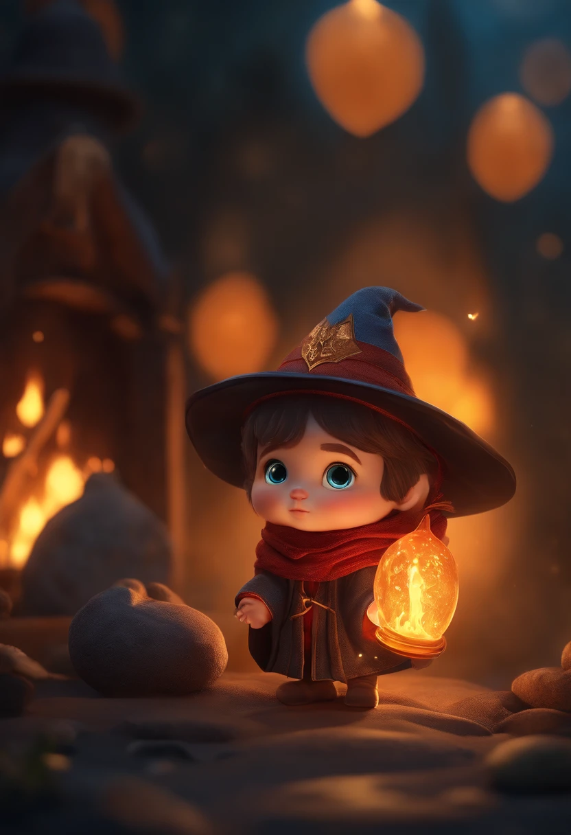 cute dicuki art as a small baby wizard, cercado por bolhas de fogo , arte digital, detalhes intrincados, Artstation on trend, cinemactic