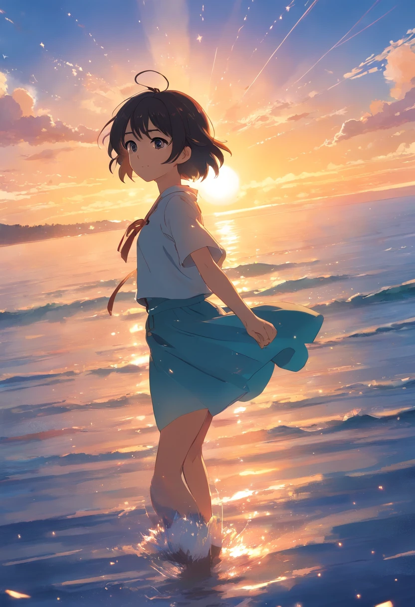 obra-prima, melhor qualidade, um pouco realista, filme ainda, 1boy, rapaz semelhante a keenu reeves no filme o pequeno buda,olha para nuvens azuladas, floating into the sky, close-up, brilhante, feliz, Soft lighting and Warm, sun sunset, (Sparks: 0,7)