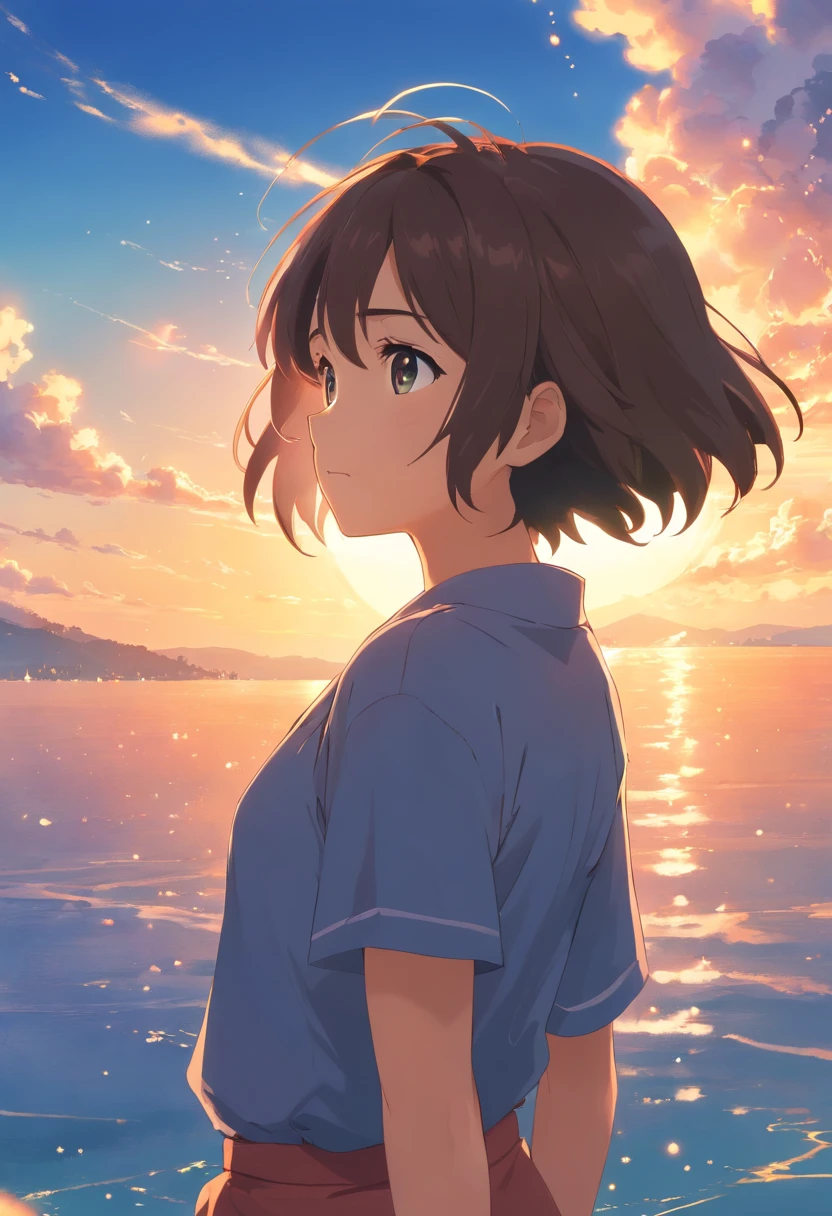 obra-prima, melhor qualidade, um pouco realista, filme ainda, 1boy, rapaz semelhante a keenu reeves no filme o pequeno buda,olha para nuvens azuladas, floating into the sky, close-up, brilhante, feliz, Soft lighting and Warm, sun sunset, (Sparks: 0,7)