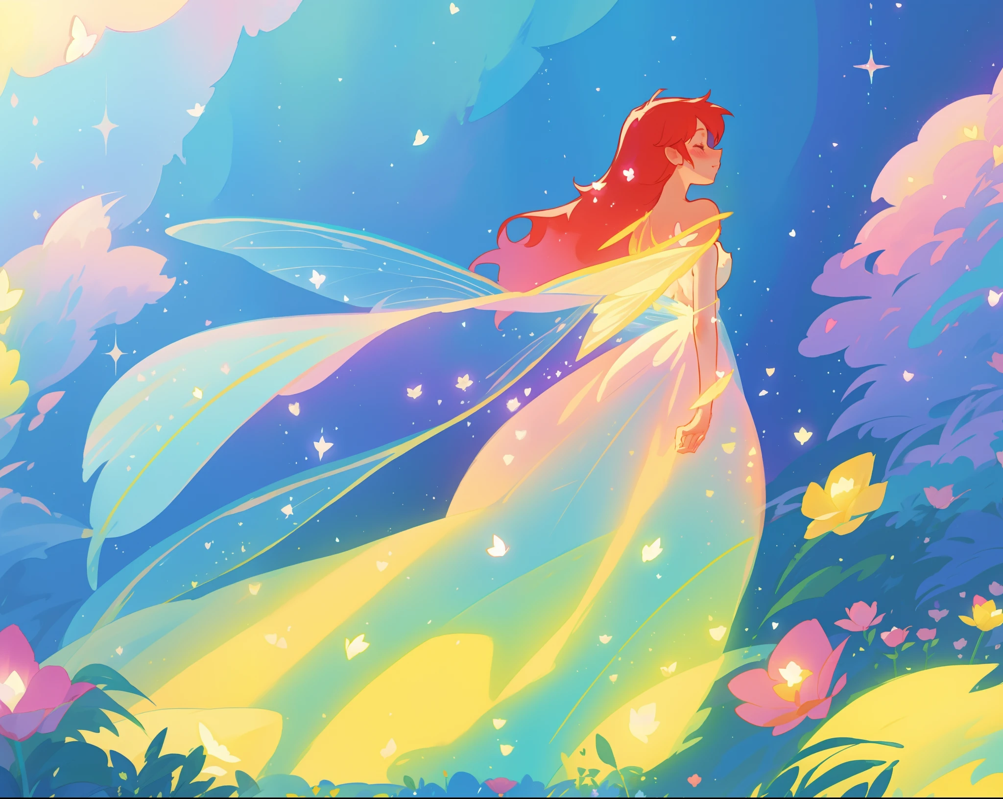 beautiful fairy girl in colorful flowing dress, fairy dress, (huge sparkling fairy wings), fairy queen, ((magical colorful otherworldly landscape)), ((fairy plants and flowers)), meadow filled with flowers of all types and colors, (glowing fairy wings), glowing flowing ballgown, long hair, sparkling fairy wings, watercolor illustration, flowers and colorful plants, disney art style, glowing aura around her, glowing lights, beautiful digital illustration, fantasia otherworldly landscape plants flowers, beautiful, masterpiece, best quality, anime disney style